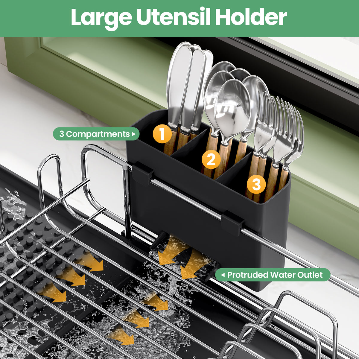 SYKIARIOL Expandable Dish Drying Rack with Foldable Partition, 16.7–26.8 in — Black, view 7
