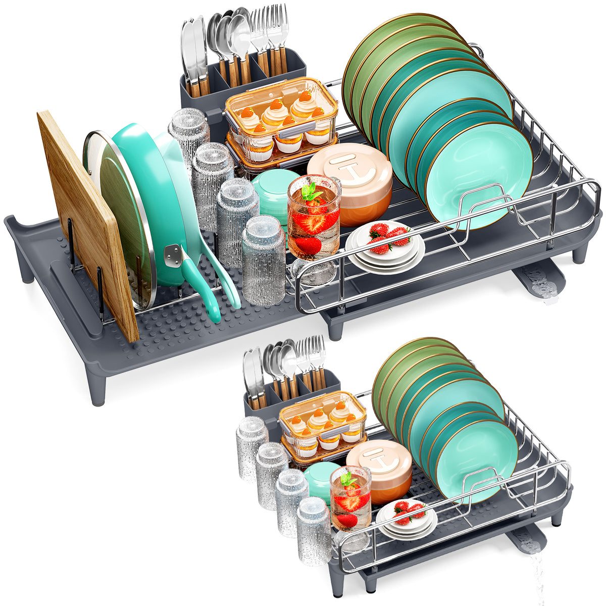 SYKIARIOL Expandable Dish Drying Rack with Foldable Partition, 16.7–26.8 in — Gray, view 1