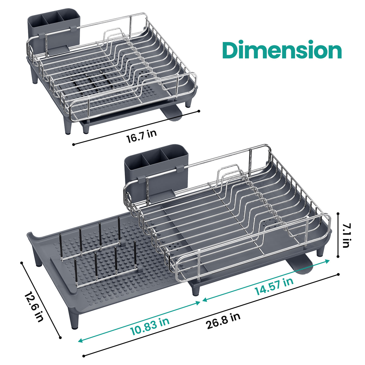 SYKIARIOL Expandable Dish Drying Rack with Foldable Partition, 16.7–26.8 in — Gray, view 3