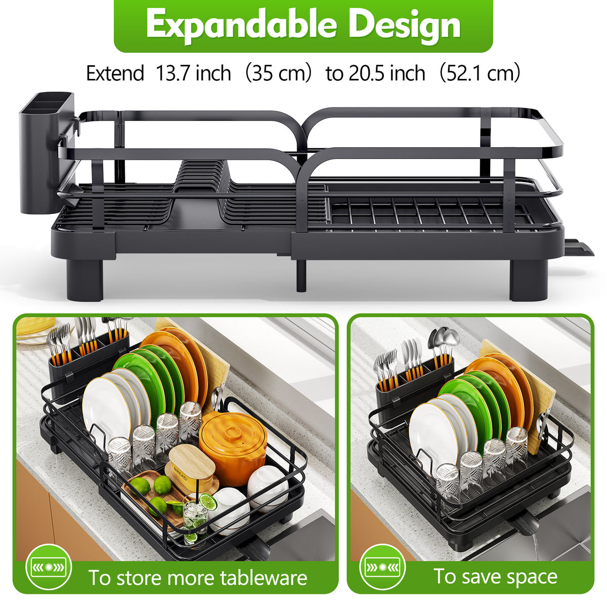 SYKIARIOL Compact Expandable Dish Drying Rack with High Feet, 13.7–20.5 in — Black, view 4