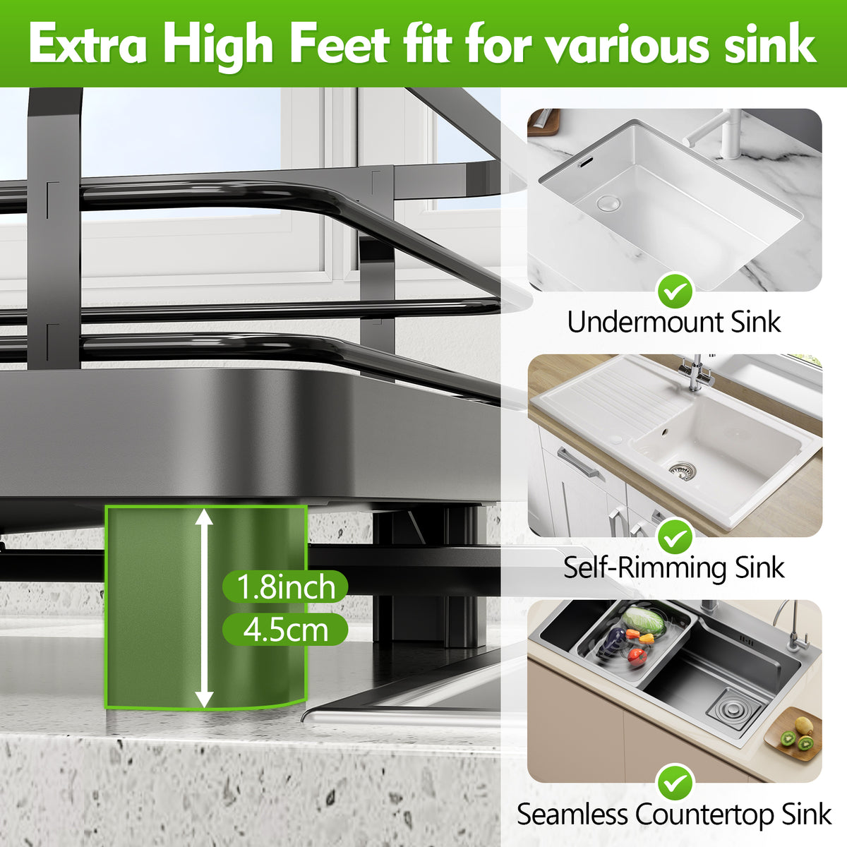SYKIARIOL Compact Expandable Dish Drying Rack with High Feet, 13.7–20.5 in — Black, view 5