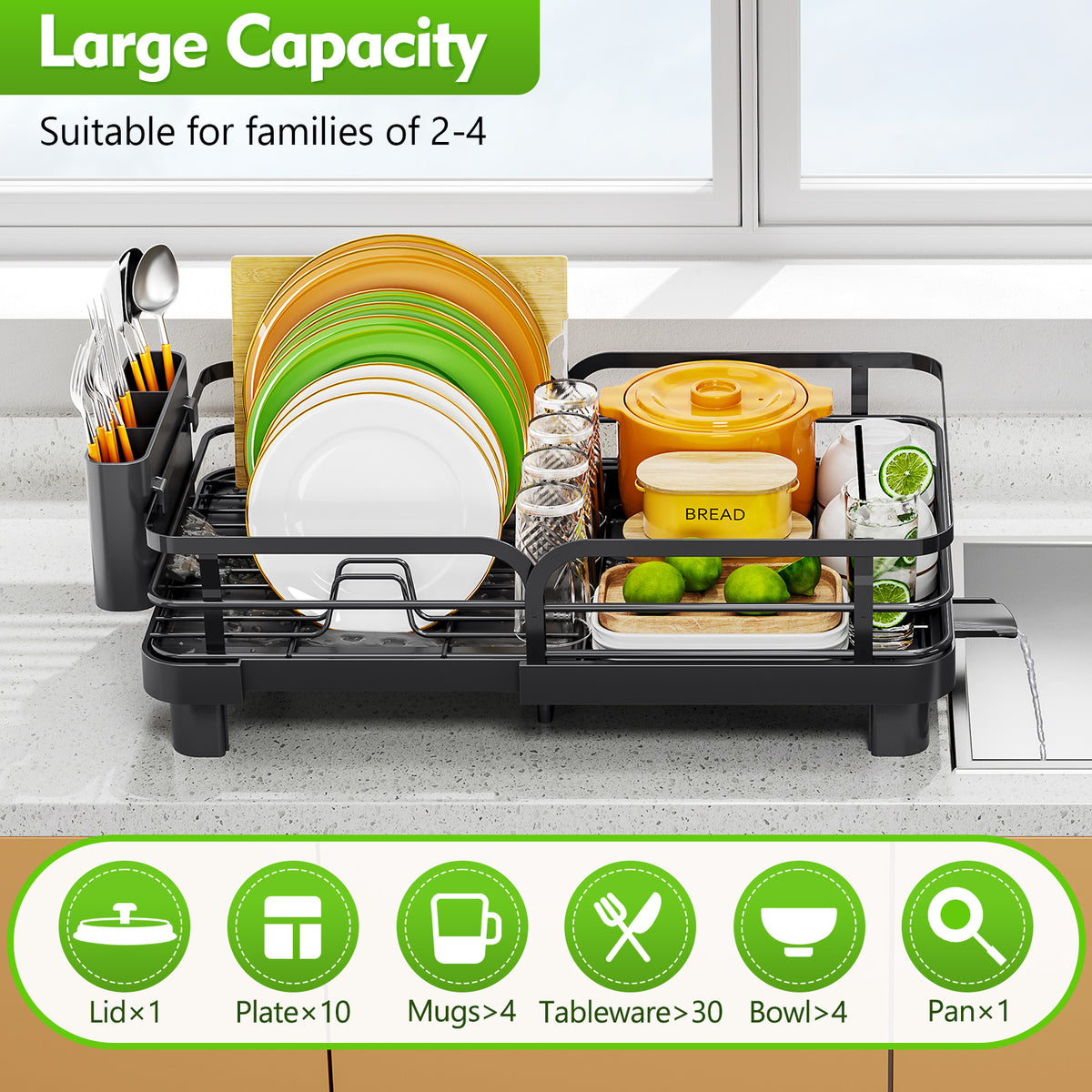 SYKIARIOL Compact Expandable Dish Drying Rack with High Feet, 13.7–20.5 in — Black, view 6