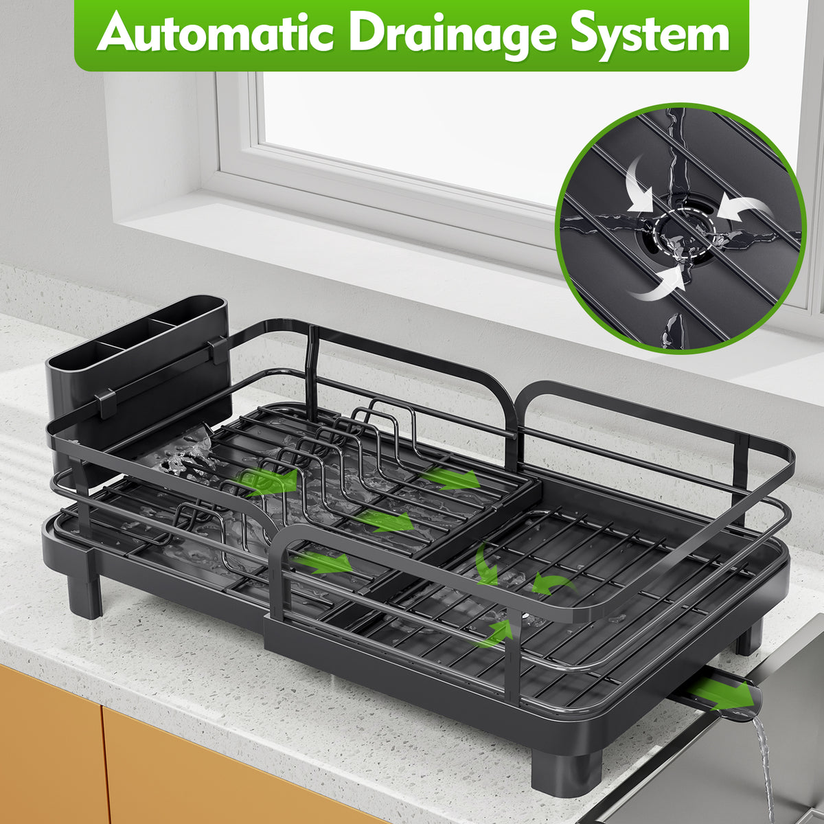SYKIARIOL Compact Expandable Dish Drying Rack with High Feet, 13.7–20.5 in — Black, view 7