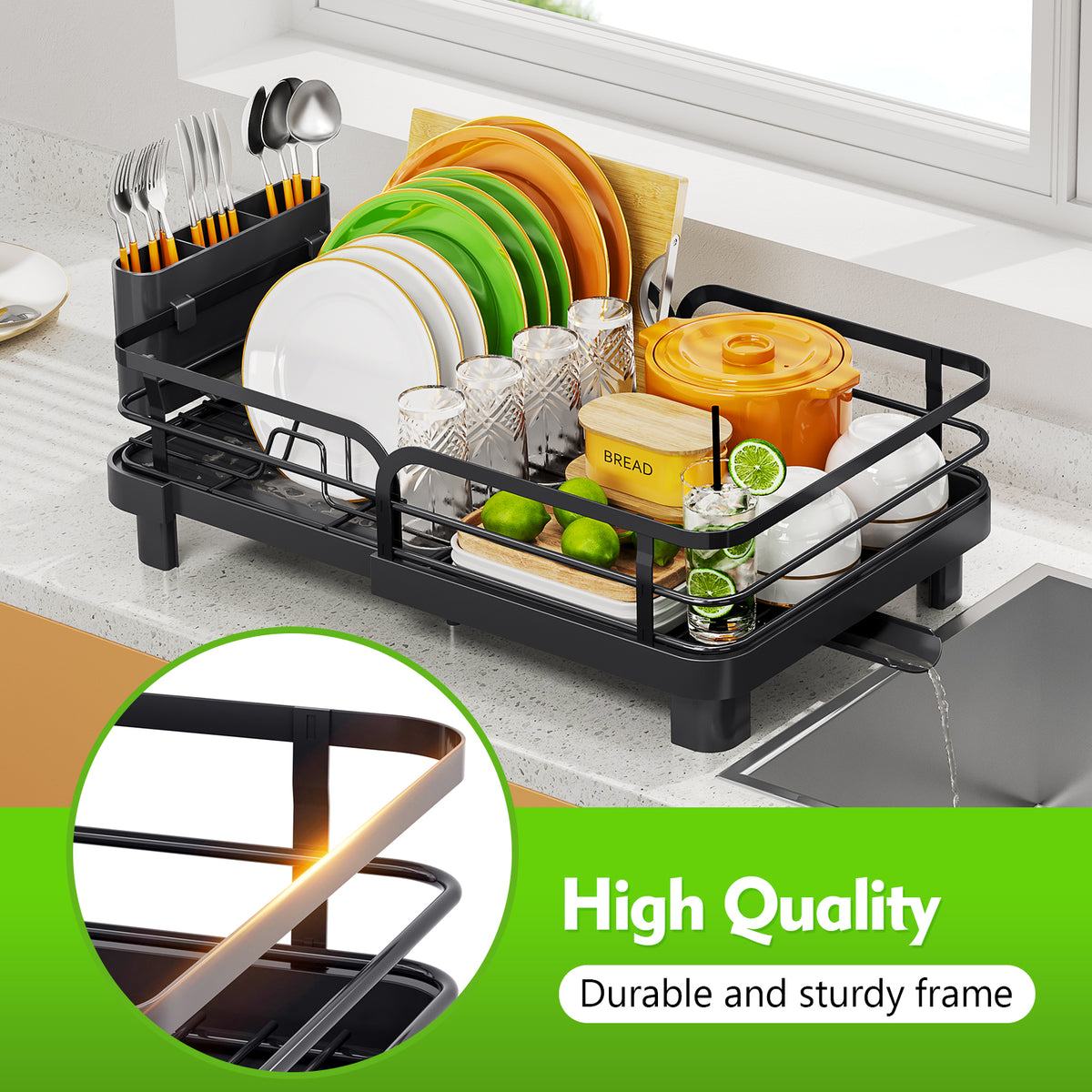 SYKIARIOL Compact Expandable Dish Drying Rack with High Feet, 13.7–20.5 in — Black, view 9