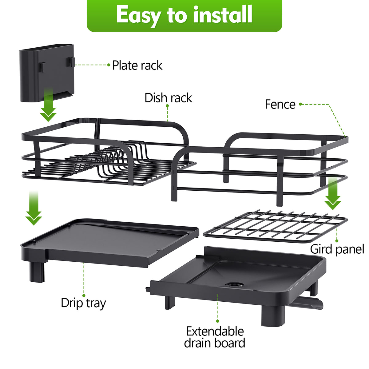 SYKIARIOL Compact Expandable Dish Drying Rack with High Feet, 13.7–20.5 in — Black, view 11