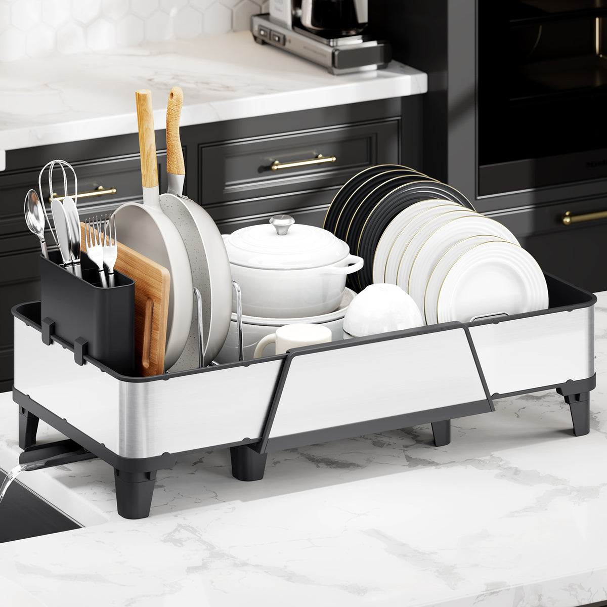 SYKIARIOL Large Triple Expandable Dish Drying Rack, 16.5–24.2 in — Black, view 2