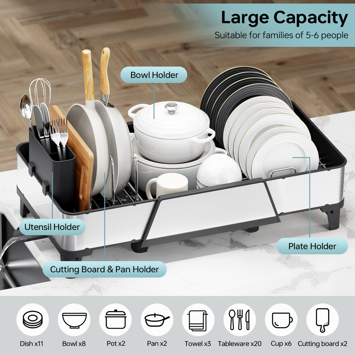 SYKIARIOL Large Triple Expandable Dish Drying Rack, 16.5–24.2 in — Black, view 4