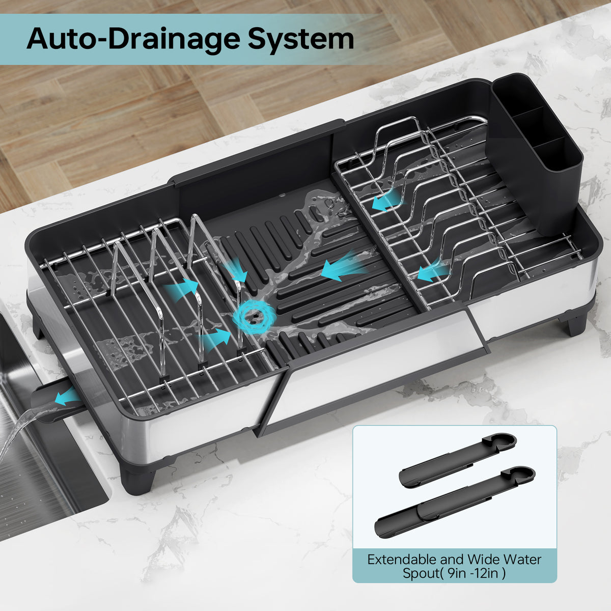 SYKIARIOL Large Triple Expandable Dish Drying Rack, 16.5–24.2 in — Black, view 8