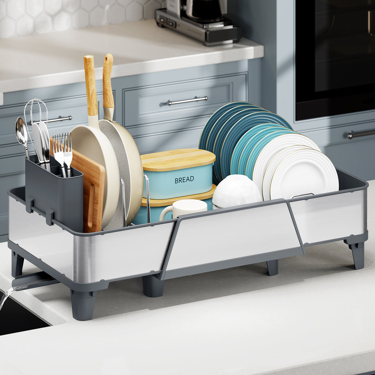 SYKIARIOL Large Triple Expandable Dish Drying Rack, 16.5–24.2 in — Gray, view 2