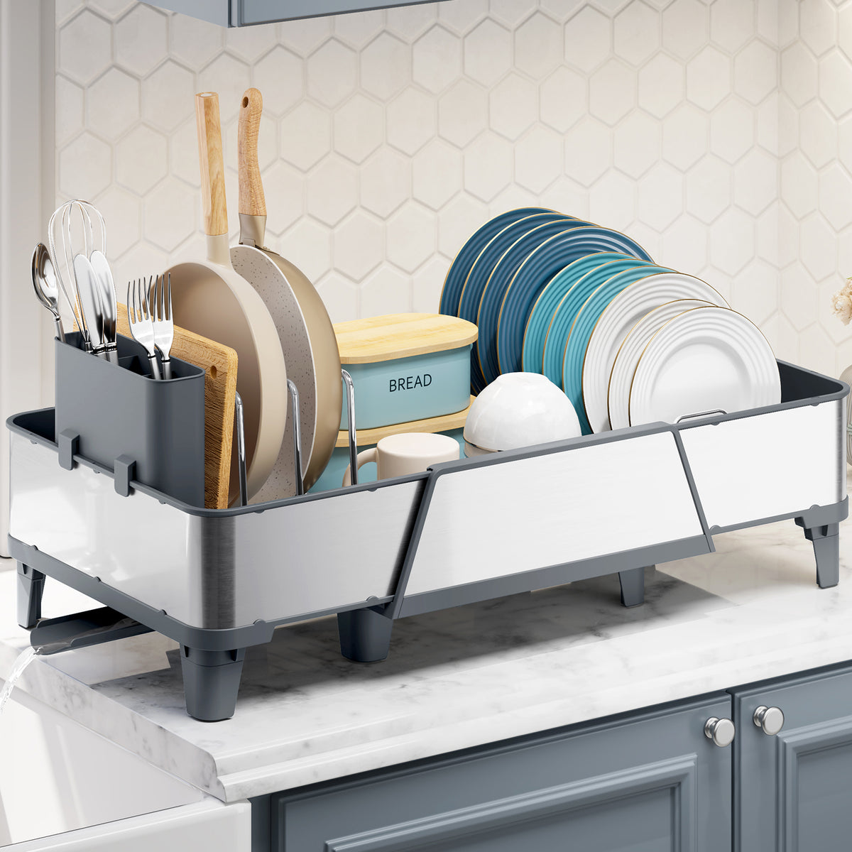SYKIARIOL Large Triple Expandable Dish Drying Rack, 16.5–24.2 in — Gray, view 3
