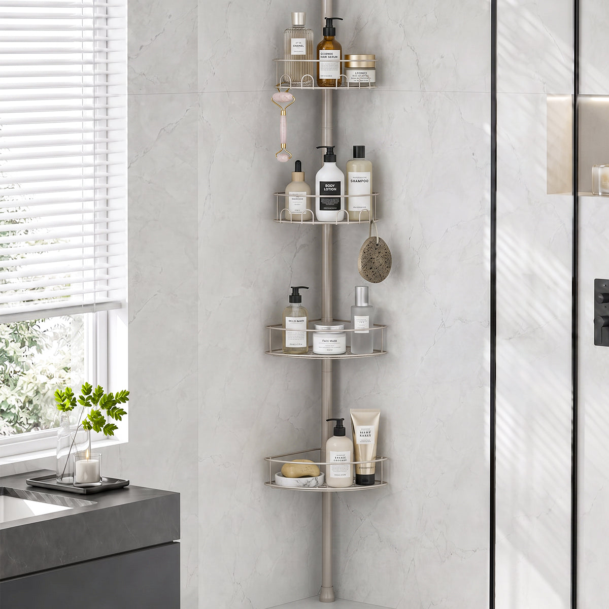 SYKIARIOL 4-Tier Tension Pole Corner Shower Caddy, 63.7–119 in — Gray, view 1