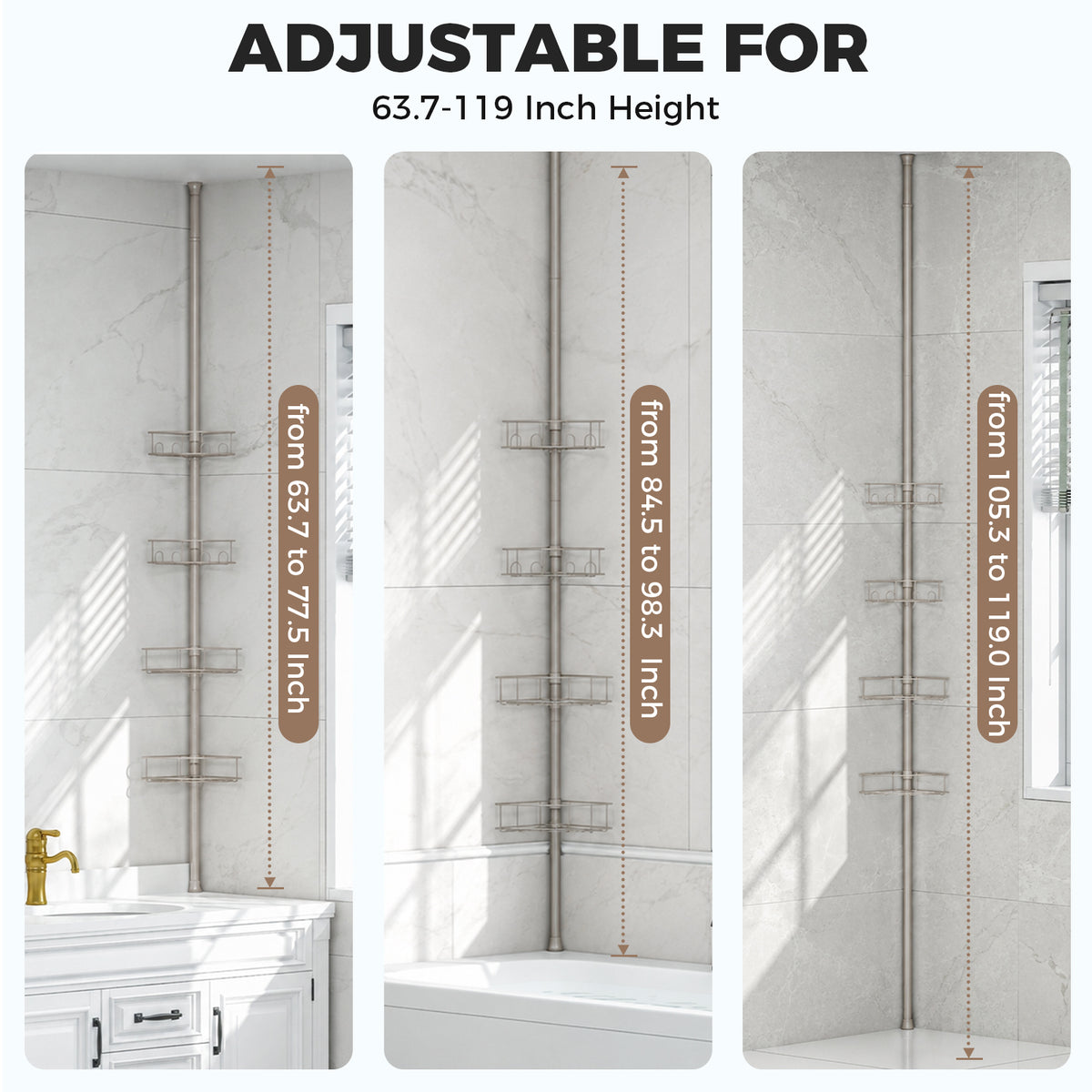SYKIARIOL 4-Tier Tension Pole Corner Shower Caddy, 63.7–119 in — Gray, view 2