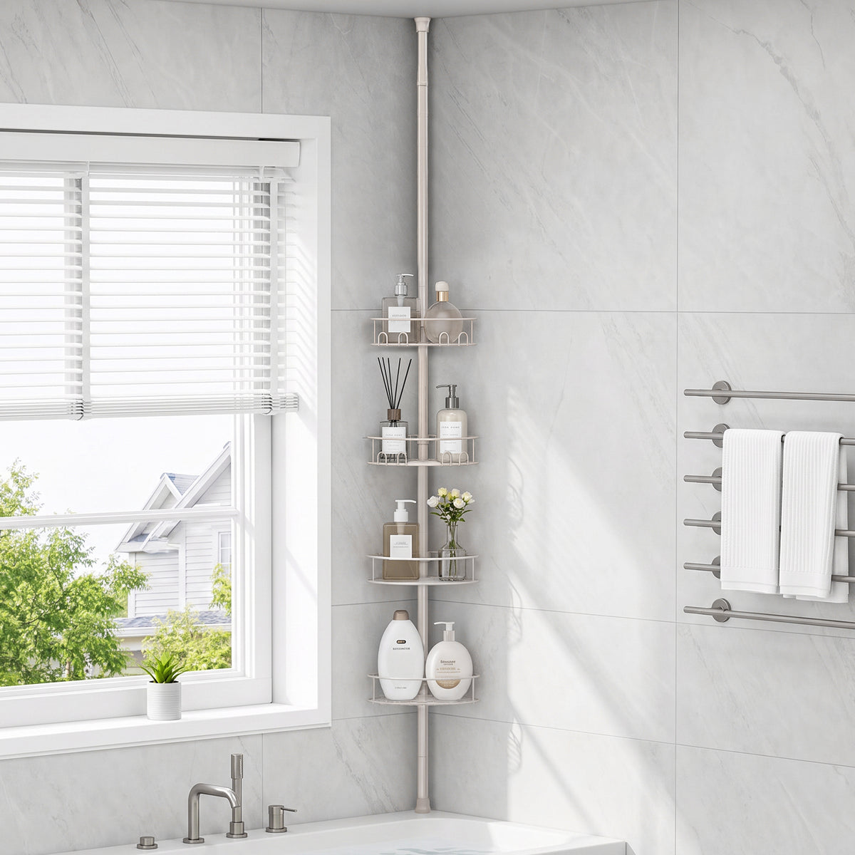 SYKIARIOL 4-Tier Tension Pole Corner Shower Caddy, 63.7–119 in — Gray, view 3