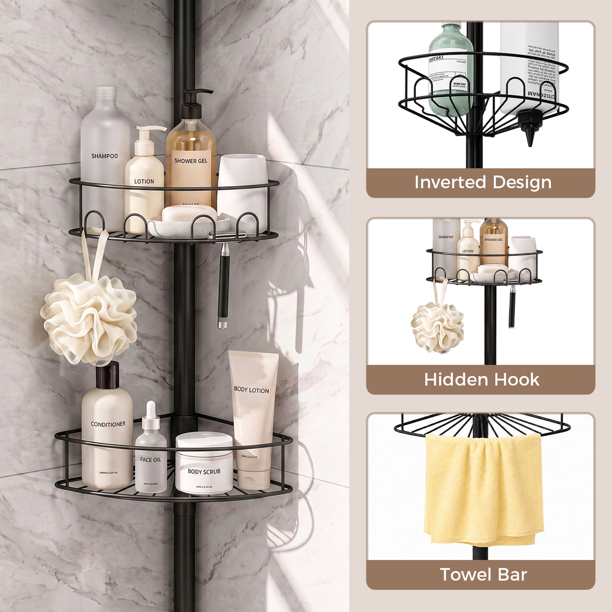 SYKIARIOL 4-Tier Tension Pole Corner Shower Caddy, 63.7–119 in — Black, view 2