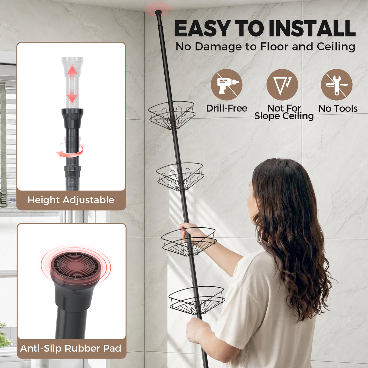 SYKIARIOL 4-Tier Tension Pole Corner Shower Caddy, 63.7–119 in — Black, view 4