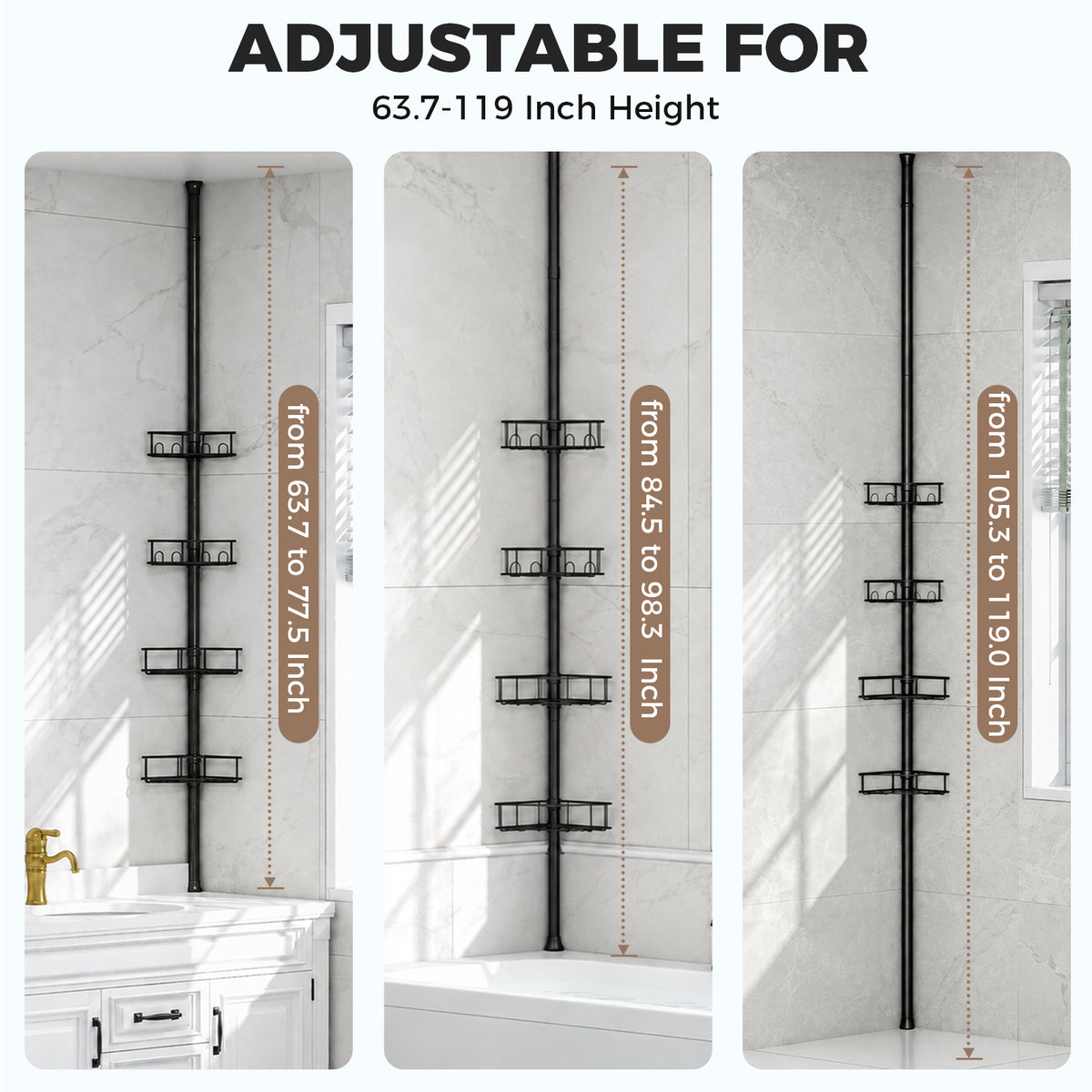 SYKIARIOL 4-Tier Tension Pole Corner Shower Caddy, 63.7–119 in — Black, view 5