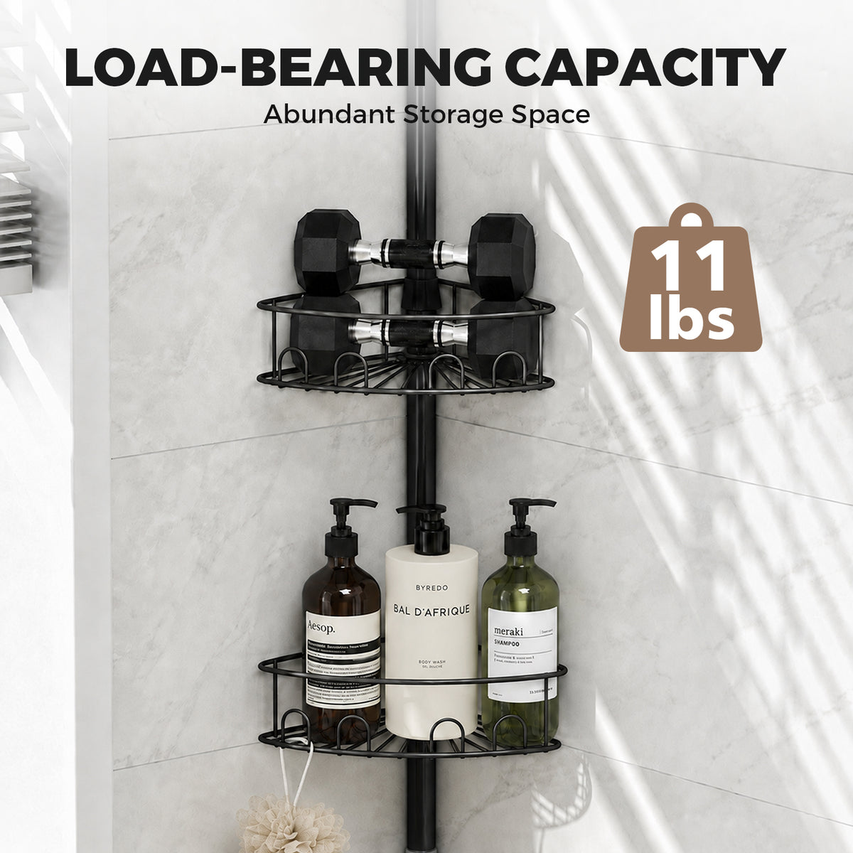 SYKIARIOL 4-Tier Tension Pole Corner Shower Caddy, 63.7–119 in — Black, view 7