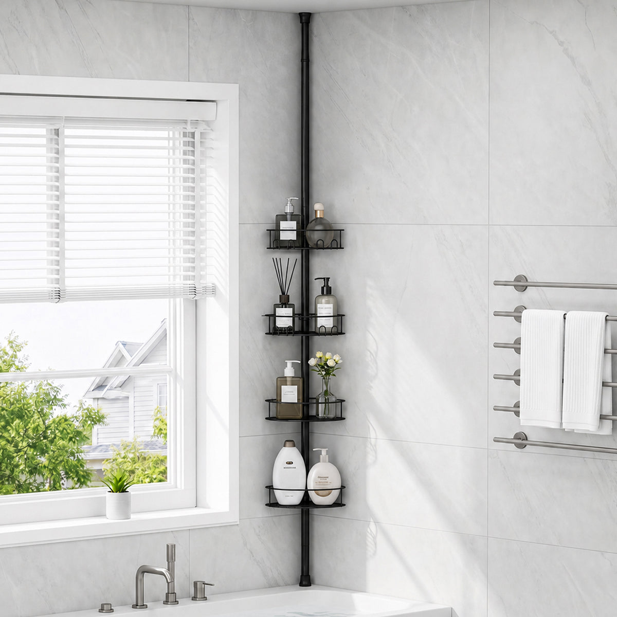 SYKIARIOL 4-Tier Tension Pole Corner Shower Caddy, 63.7–119 in — Black, view 8
