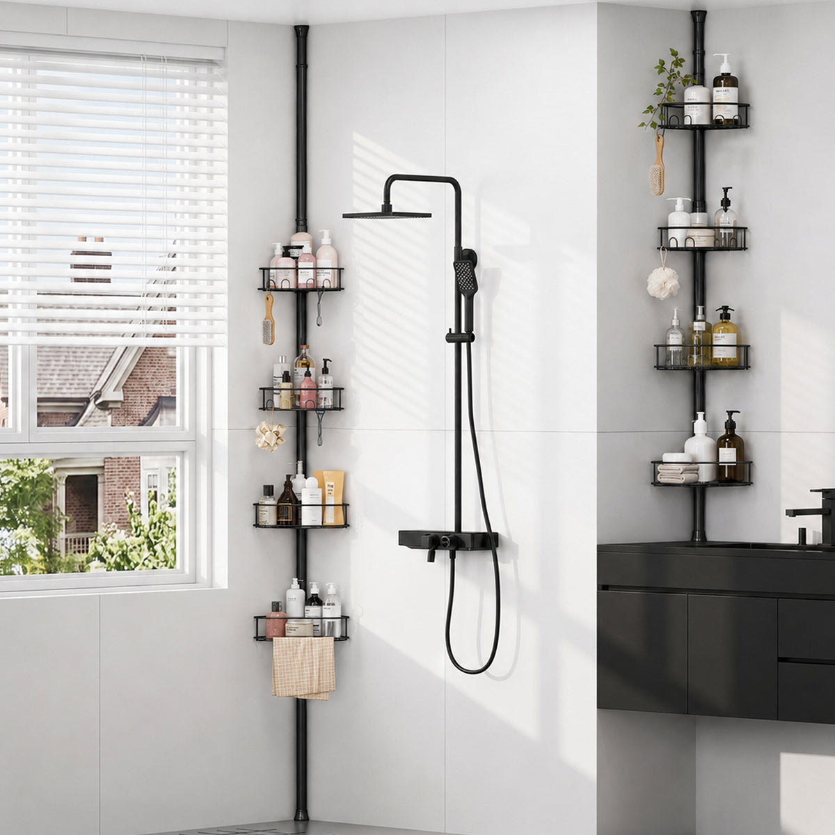 SYKIARIOL 4-Tier Tension Pole Corner Shower Caddy, 63.7–119 in — Black, view 9