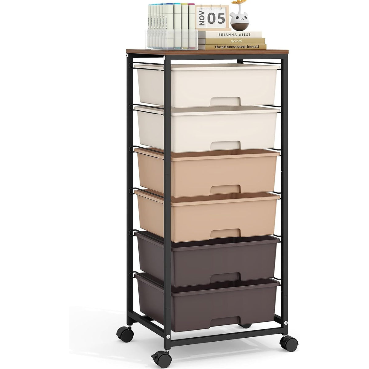 SYKIARIOL 6-drawer rolling storage cart, brown drawers on a black metal frame