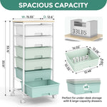 SYKIARIOL 6-drawer rolling storage cart – size infographic: 15.55 in wide, 12.6 in deep, 33.15 in tall, 33 lb top capacity
