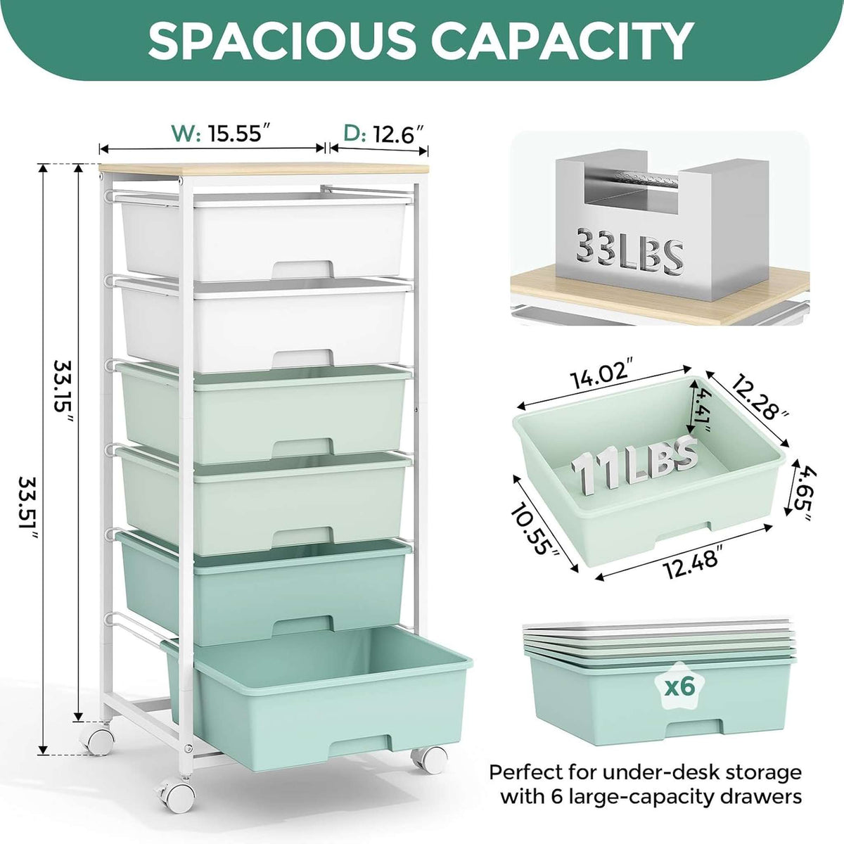 SYKIARIOL 6-drawer rolling storage cart – size infographic: 15.55 in wide, 12.6 in deep, 33.15 in tall, 33 lb top capacity