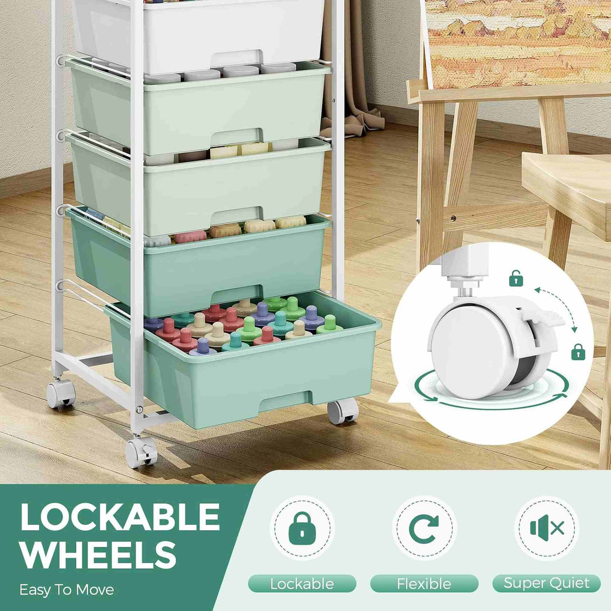 SYKIARIOL 6-drawer rolling storage cart – in a craft room with lockable swivel wheels