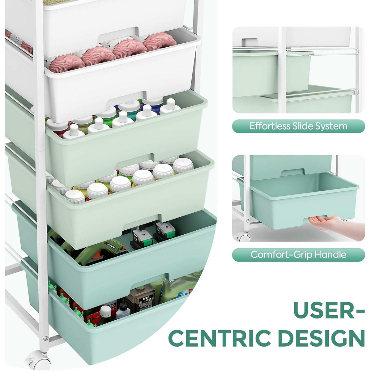 SYKIARIOL 6-drawer rolling storage cart – with large pastel drawers holding craft supplies, effortless slide system and comfort-grip handle