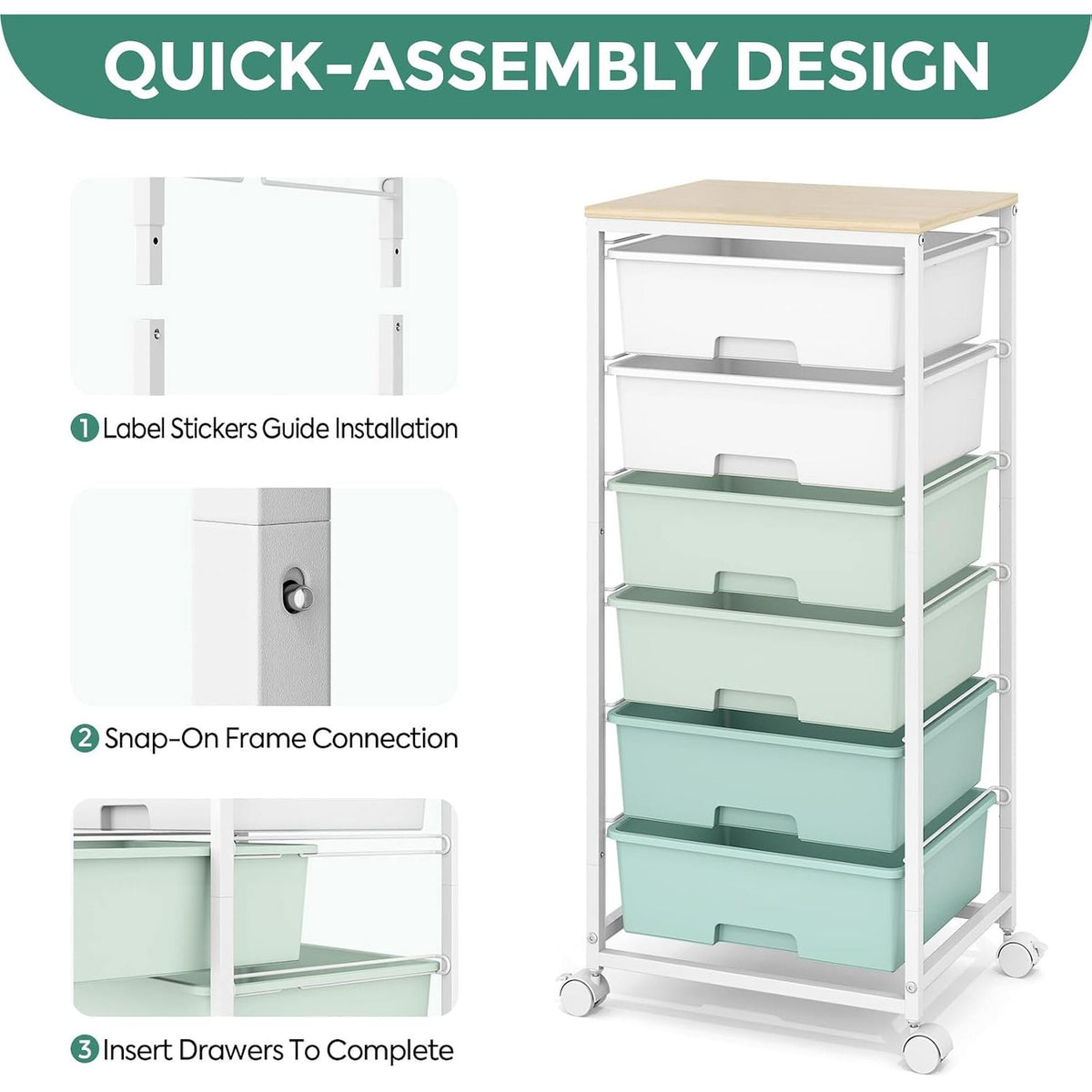 SYKIARIOL 6-drawer rolling storage cart – quick-assembly infographic showing three installation steps