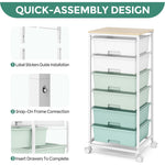 SYKIARIOL 6-drawer rolling storage cart – quick-assembly infographic showing three installation steps