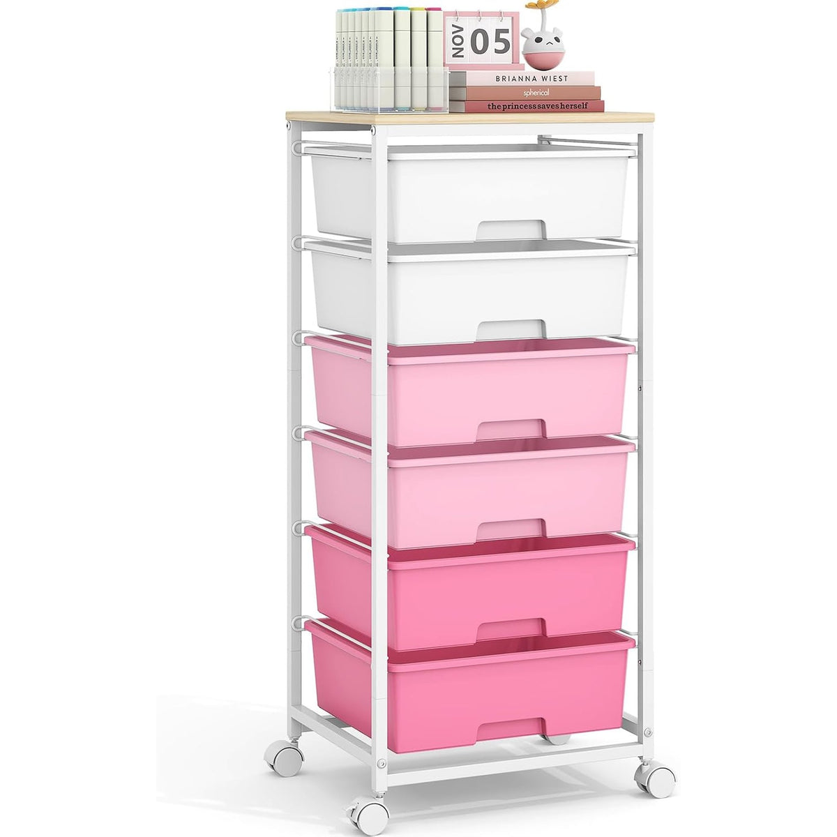 SYKIARIOL 6-drawer rolling storage cart, pink gradient drawers