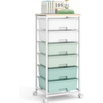 SYKIARIOL 6-drawer rolling storage cart, mint green gradient drawers on a white metal frame with locking wheels