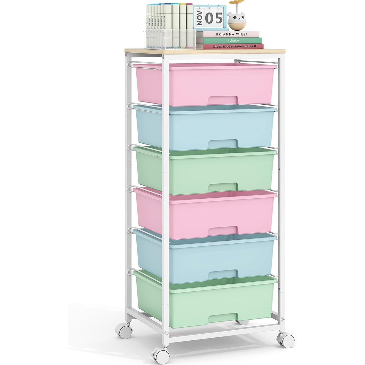SYKIARIOL 6-drawer rolling storage cart, pastel rainbow drawers in pink, blue and green