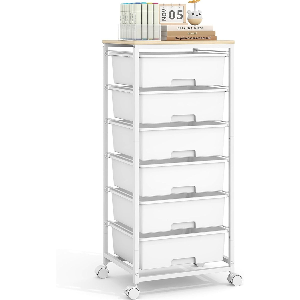 SYKIARIOL 6-drawer rolling storage cart, white drawers on a white metal frame
