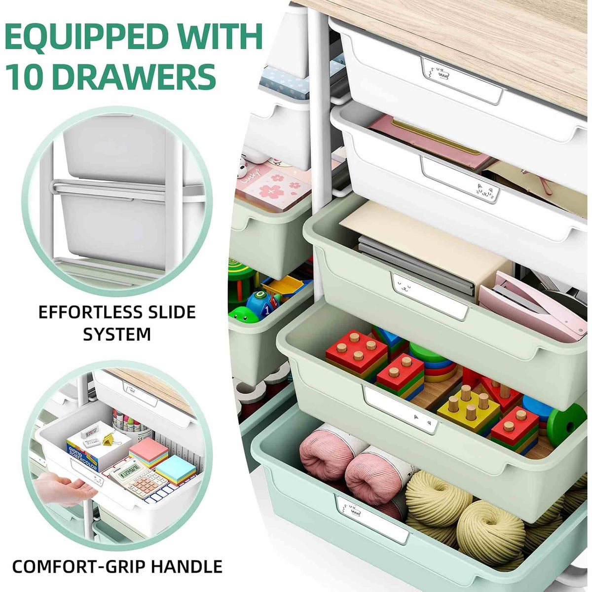 SYKIARIOL 10-drawer rolling organizer cart – equipped with 10 drawers, effortless slide system and comfort-grip handle