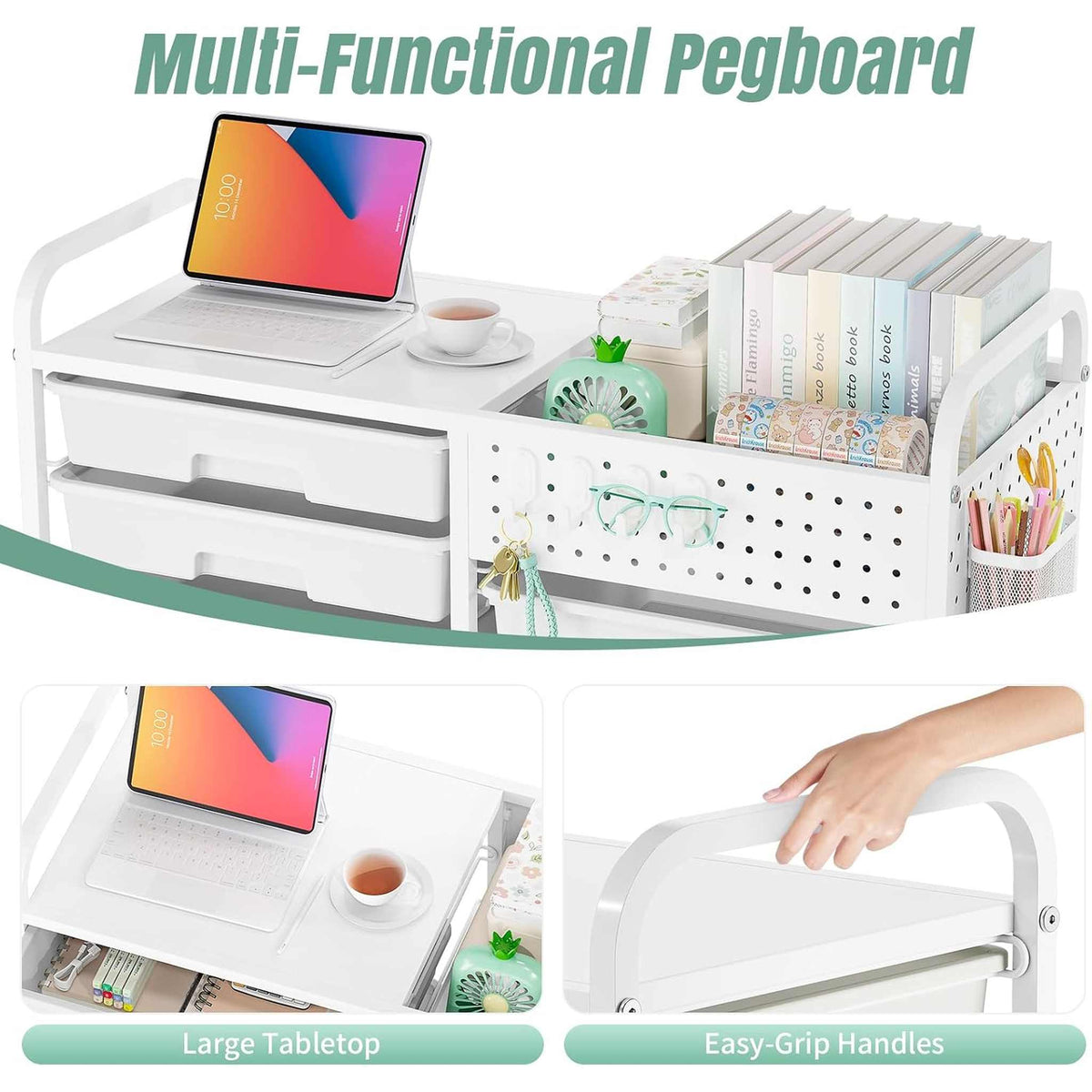 SYKIARIOL 14-drawer rolling organizer cart – multi-functional pegboard, large tabletop and easy-grip handles
