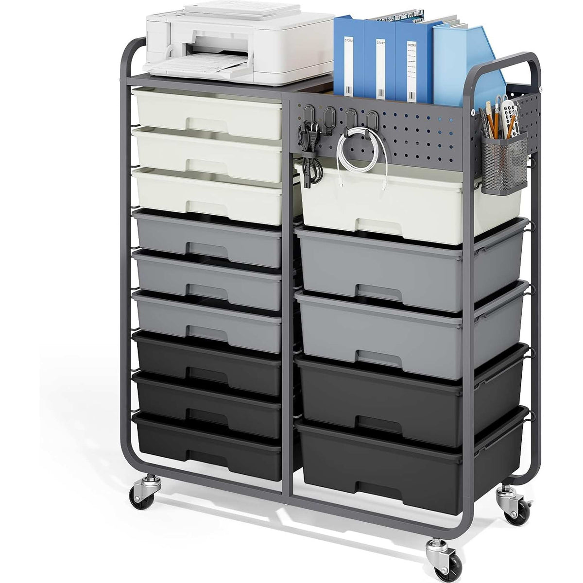 SYKIARIOL 14-drawer rolling organizer cart, gray and black gradient drawers with a printer and binders on top