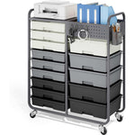 SYKIARIOL 14-drawer rolling organizer cart, gray and black gradient drawers with a printer and binders on top