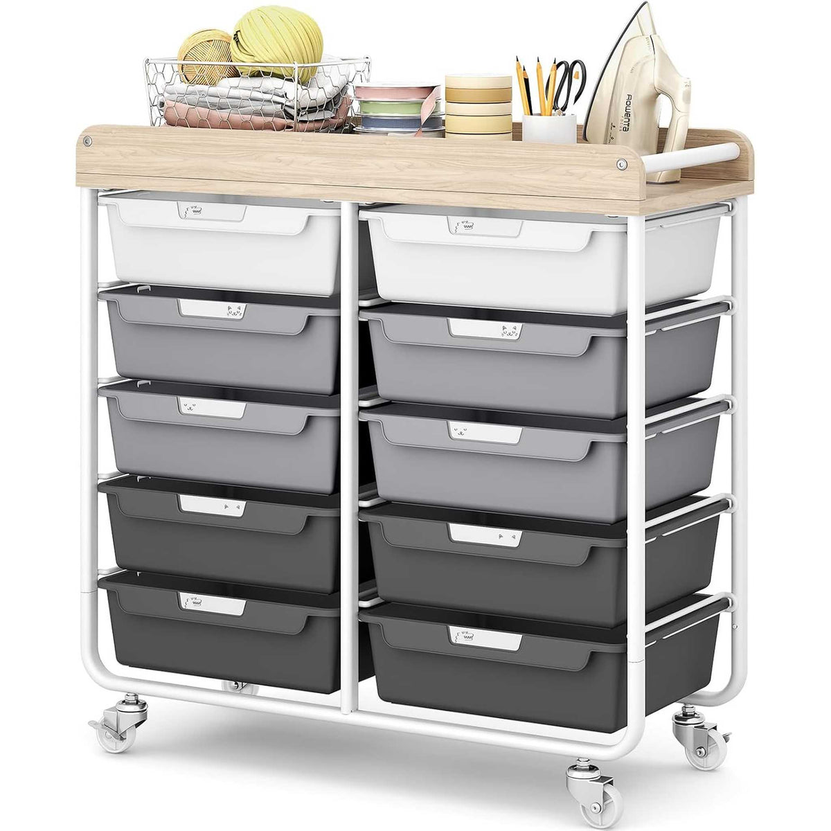 SYKIARIOL 10-drawer rolling organizer cart, gray and black gradient drawers