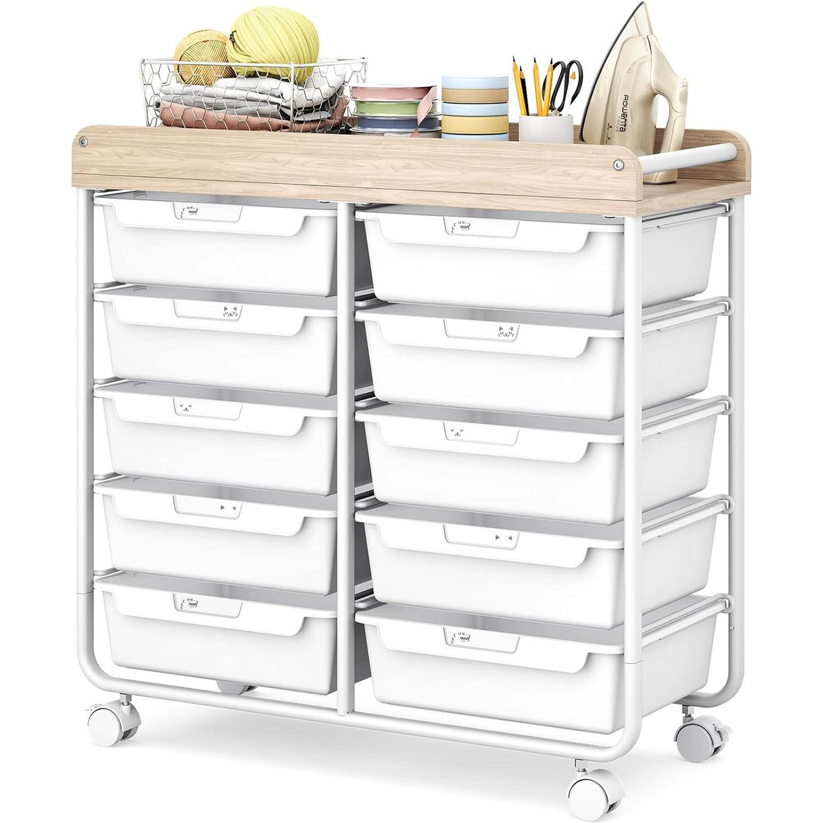 SYKIARIOL 10-drawer rolling organizer cart, white drawers on a white metal frame