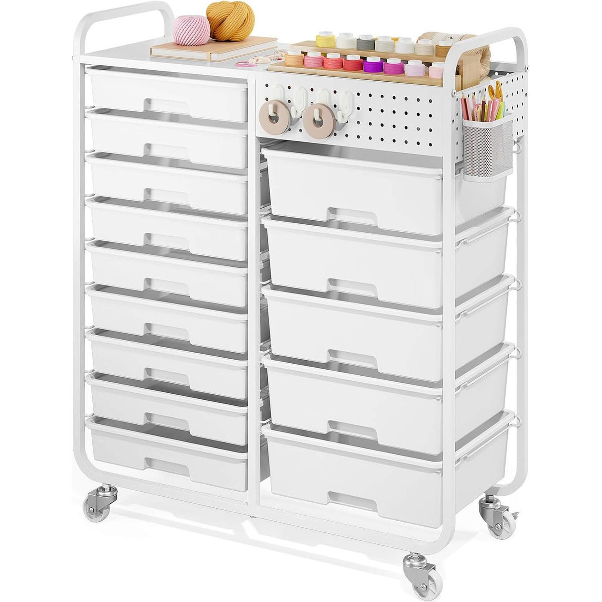 SYKIARIOL 14-drawer rolling organizer cart, white drawers with craft supplies on the worktop