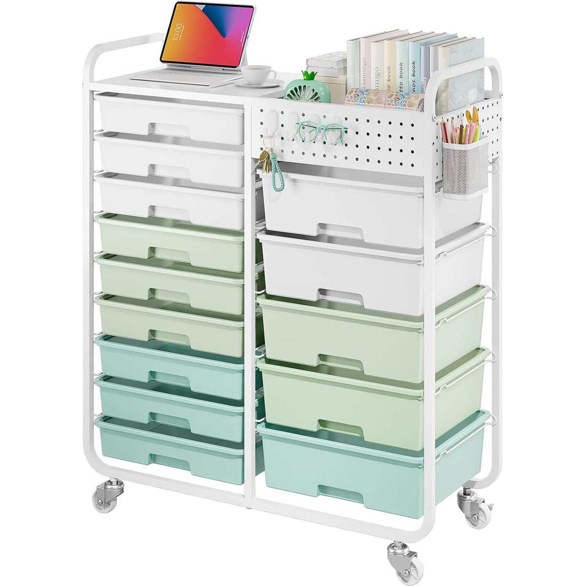 SYKIARIOL 14-drawer rolling organizer cart, green gradient drawers with a laptop and books on the worktop