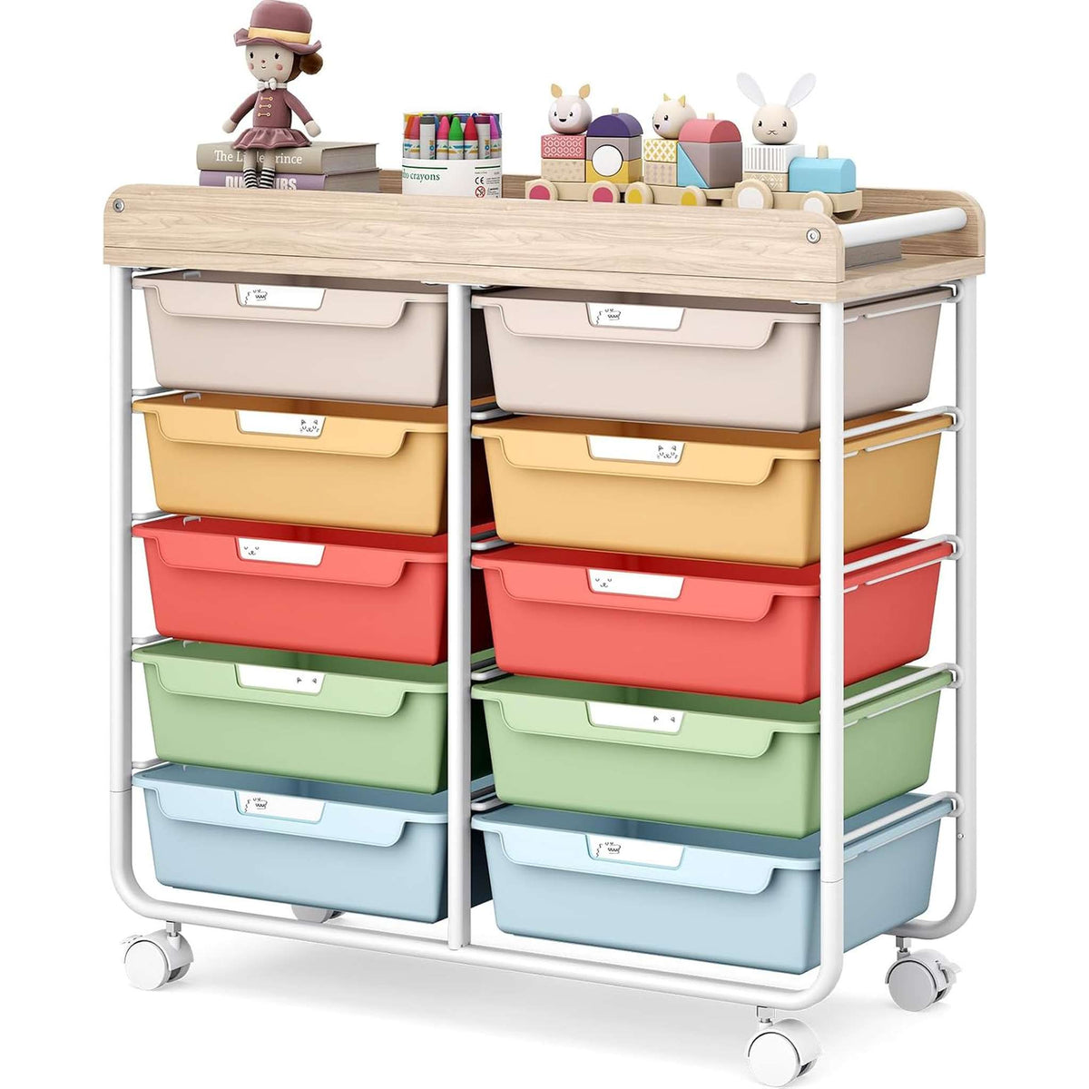 SYKIARIOL 10-drawer rolling organizer cart, multicolor drawers in beige, orange, red, green and blue