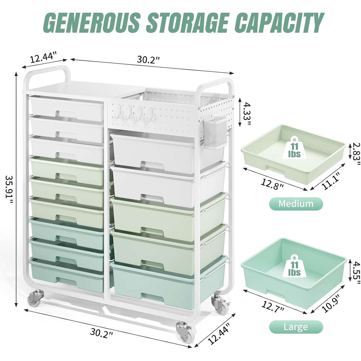 SYKIARIOL 14-drawer rolling organizer cart – size infographic: 30.2 x 12.44 x 35.91 in with medium and large drawer sizes