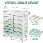 SYKIARIOL 14-drawer rolling organizer cart – size infographic: 30.2 x 12.44 x 35.91 in with medium and large drawer sizes