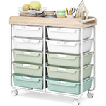 SYKIARIOL 10-drawer rolling organizer cart, white and mint green gradient drawers with craft supplies on top