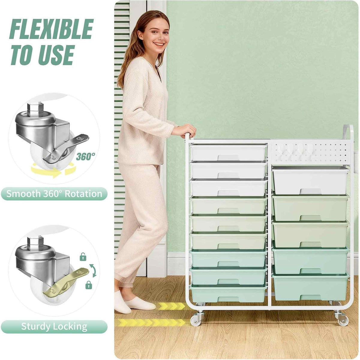 SYKIARIOL 14-drawer rolling organizer cart – with smooth 360-degree rotating and sturdy locking wheels, shown with a woman pushing the cart
