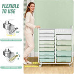 SYKIARIOL 14-drawer rolling organizer cart – with smooth 360-degree rotating and sturdy locking wheels, shown with a woman pushing the cart