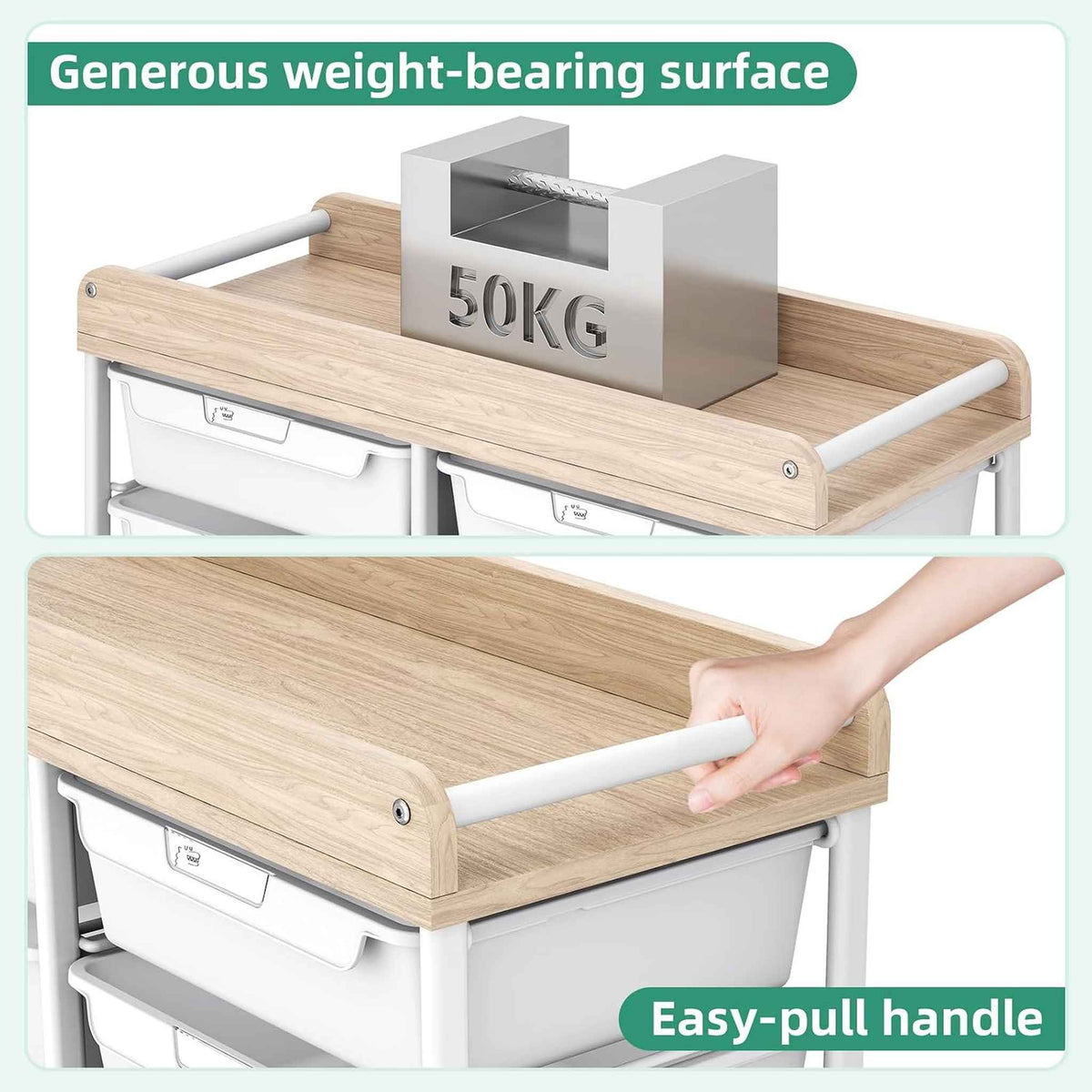 SYKIARIOL 10-drawer rolling organizer cart – weight-bearing wooden top holding 50 kg, with an easy-pull handle