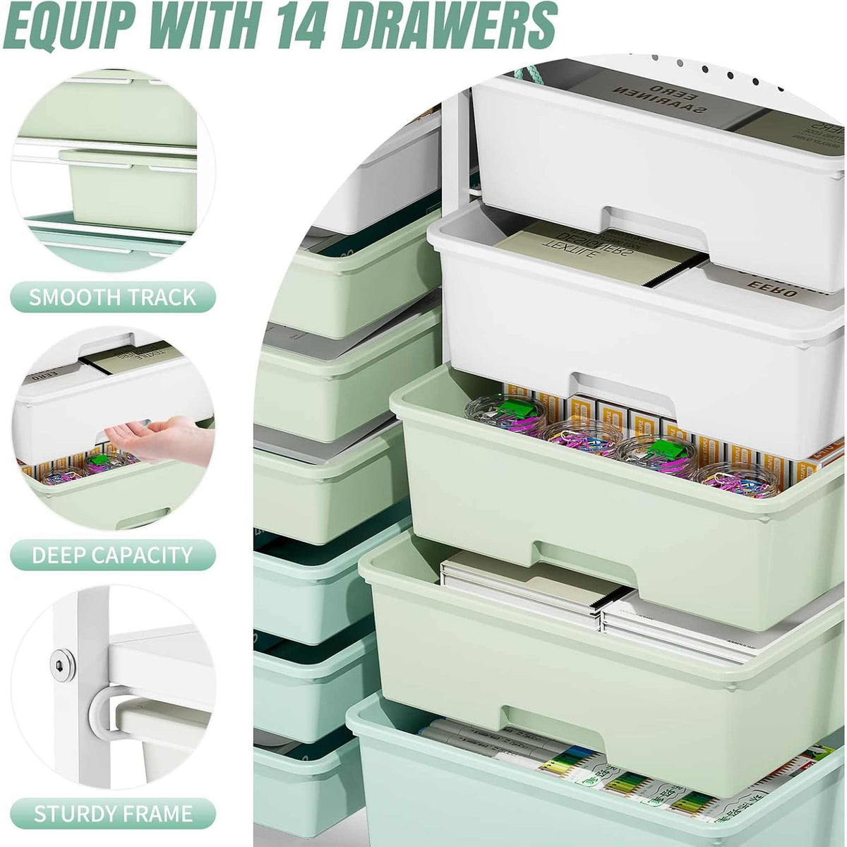 SYKIARIOL 14-drawer rolling organizer cart – close-up of 14 drawers with smooth track, deep capacity and sturdy frame